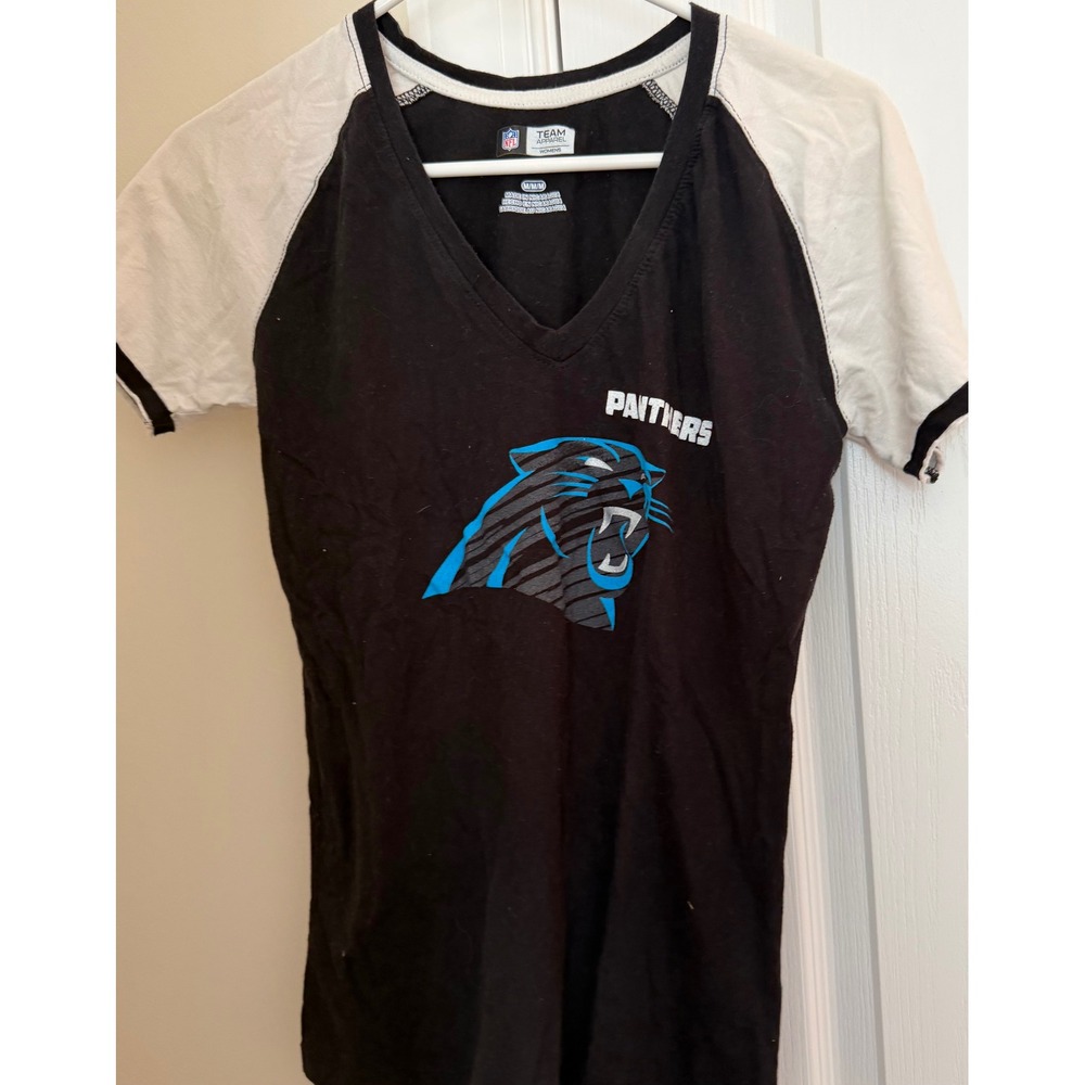 NFL Team Apparel Carolina Panthers Womens V-Neck Raglan T-Shirt Black White M